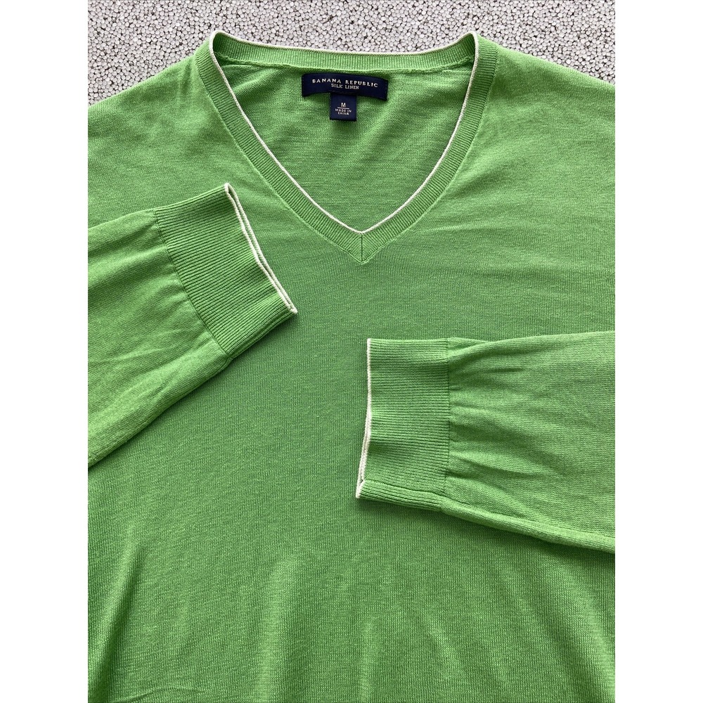 Banana Republic Sweater Mens M Green Silk Linen Preppy Casual Crewneck Pullover